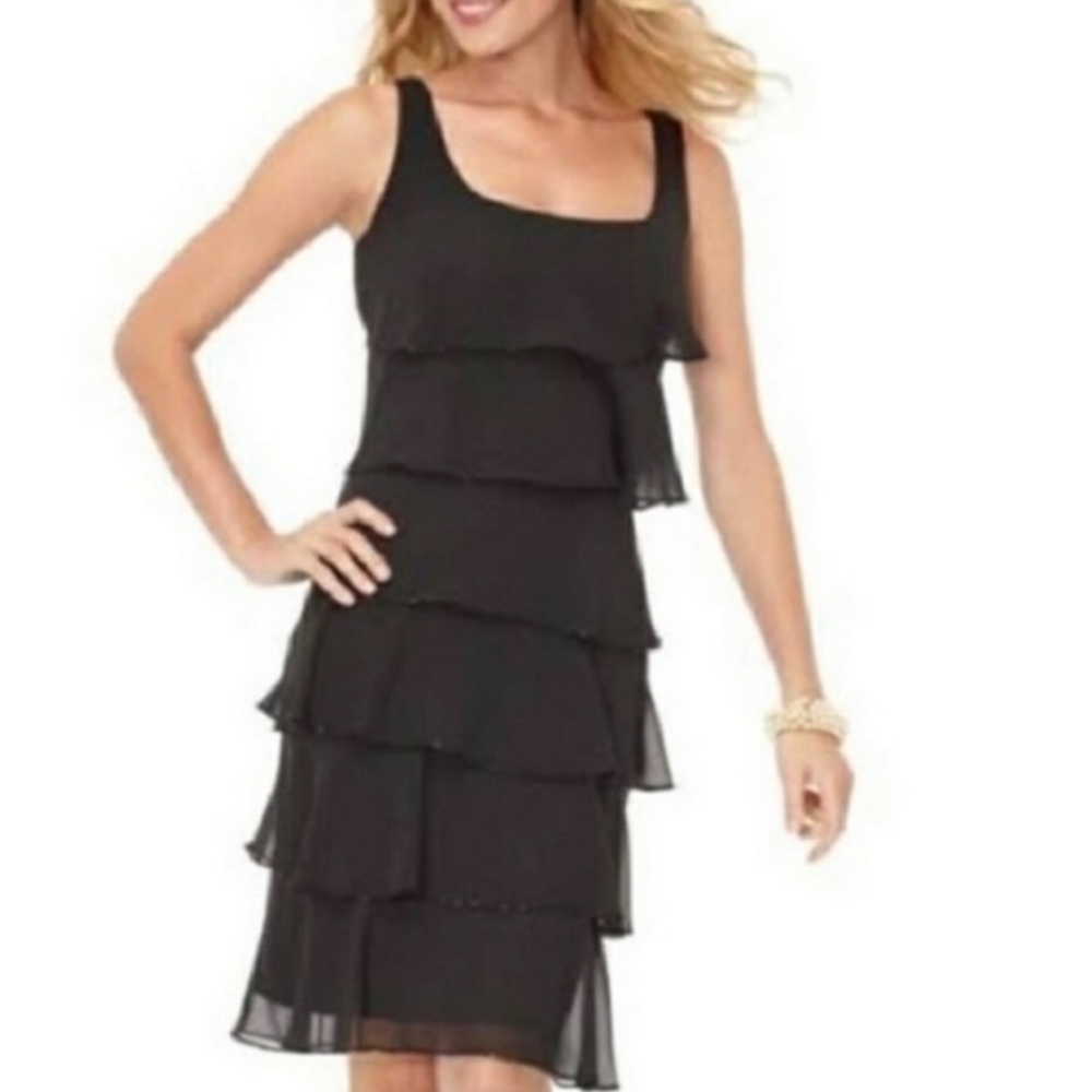 Patra Black Beaded Tiered Chiffon Cocktail Dress